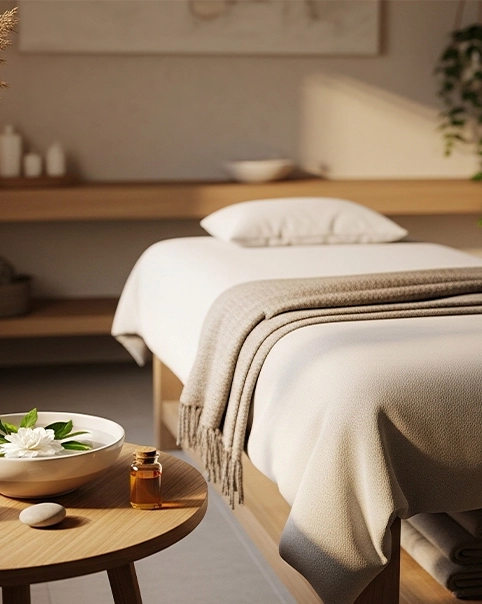Calm treatment room at Balance & Bloom Wellness: a massage table draped in a soft throw and pillow, with a stone bowl of flowers and essential oil on a round wooden side table